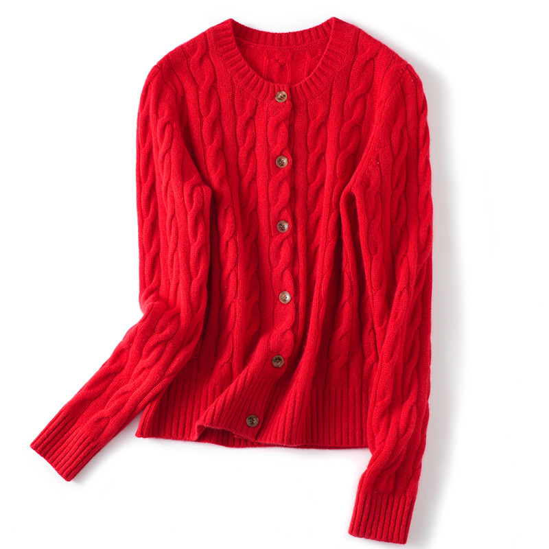 Дамски кашмиров кардиган, ретро стил, прав силует, кръгло деколте, техника: завиване, кашмир 95% и повече