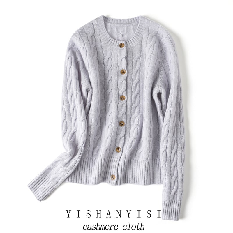 Дамски кашмиров кардиган, ретро стил, прав силует, кръгло деколте, техника: завиване, кашмир 95% и повече