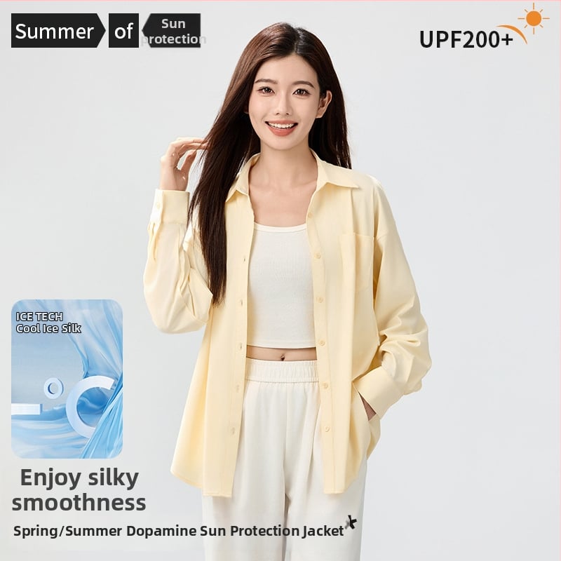 Bluza de protecție solară UPF50+ pentru femei, din nailon/poliamid cu elastan, material Ice Silk răcoritor, croială lejeră, mâneci lungi, subțire, culoare solidă, stil casual japonez-coreean