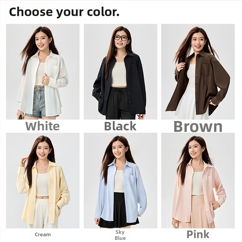 Дамска блуза за слънцезащита UPF50+ от нейлон/полиамид, ледена коприна охлаждаща тъкан, свободен модел, дълги ръкави, тънка, едноцветна, японско-кореански casual стил