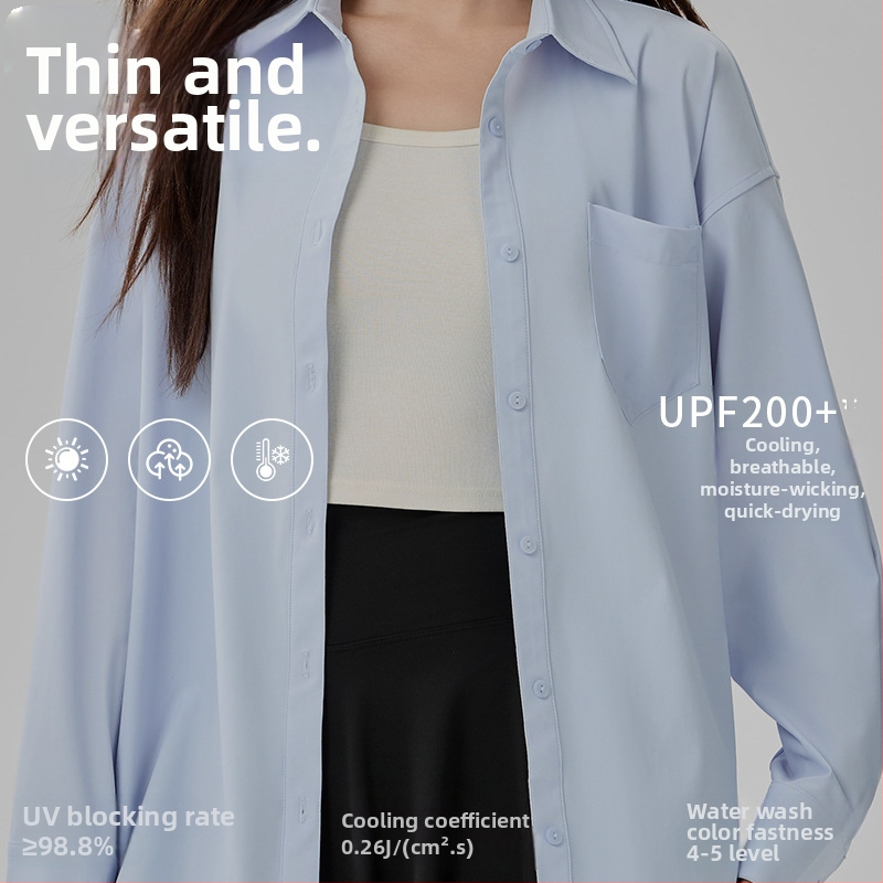 Дамска блуза за слънцезащита UPF50+ от нейлон/полиамид, ледена коприна охлаждаща тъкан, свободен модел, дълги ръкави, тънка, едноцветна, японско-кореански casual стил