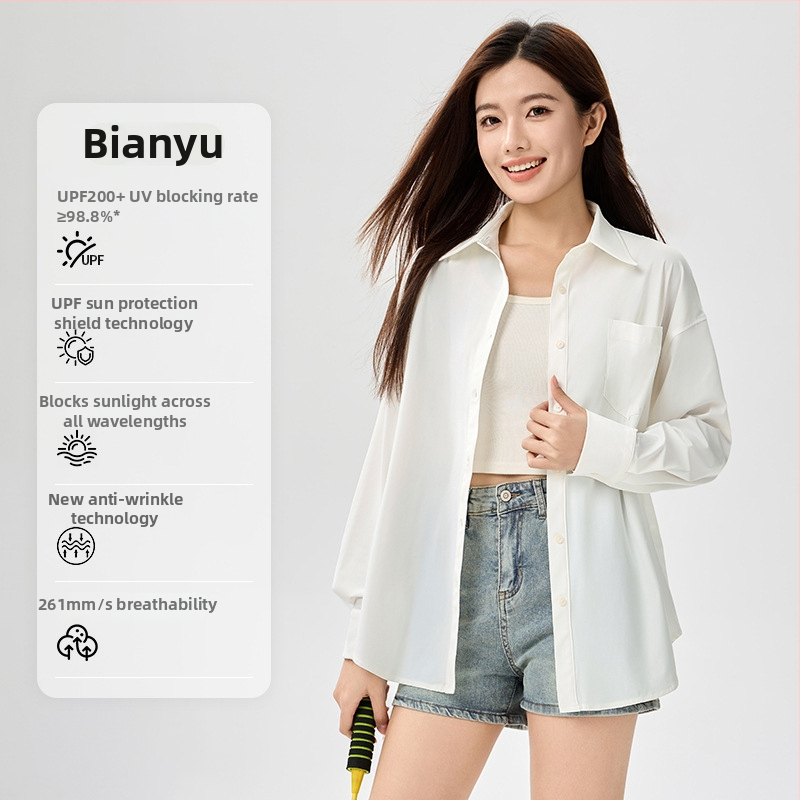 Bluza de protecție solară UPF50+ pentru femei, din nailon/poliamid cu elastan, material Ice Silk răcoritor, croială lejeră, mâneci lungi, subțire, culoare solidă, stil casual japonez-coreean