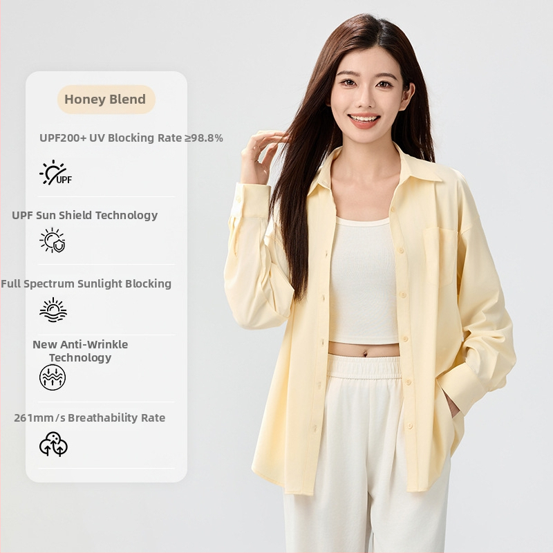 Bluza de protecție solară UPF50+ pentru femei, din nailon/poliamid cu elastan, material Ice Silk răcoritor, croială lejeră, mâneci lungi, subțire, culoare solidă, stil casual japonez-coreean