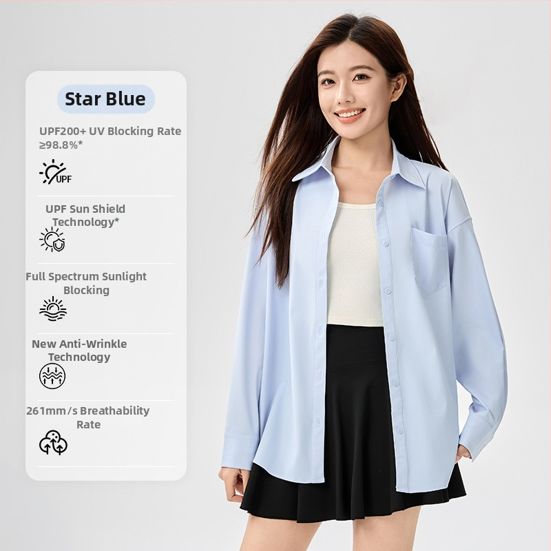 Bluza de protecție solară UPF50+ pentru femei, din nailon/poliamid cu elastan, material Ice Silk răcoritor, croială lejeră, mâneci lungi, subțire, culoare solidă, stil casual japonez-coreean