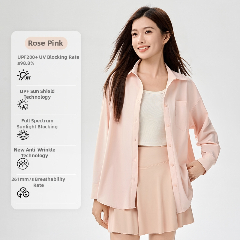 Bluza de protecție solară UPF50+ pentru femei, din nailon/poliamid cu elastan, material Ice Silk răcoritor, croială lejeră, mâneci lungi, subțire, culoare solidă, stil casual japonez-coreean