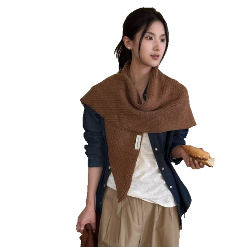 Вълнен триъгълен шал, монохромен модел, тъкане warp-knit, елегантен стил, средна дължина, пролет и есен