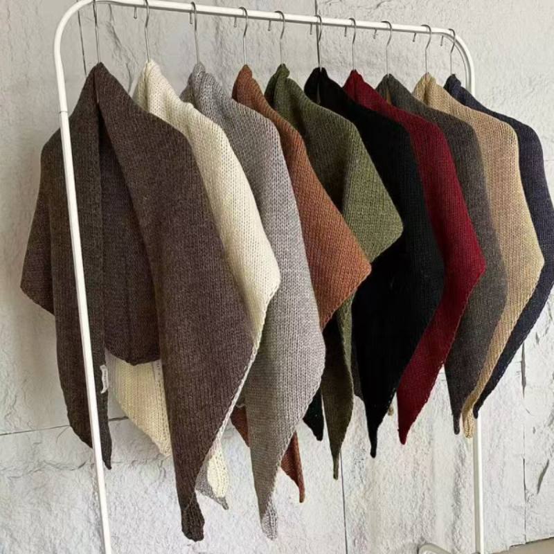 Вълнен триъгълен шал, монохромен модел, тъкане warp-knit, елегантен стил, средна дължина, пролет и есен