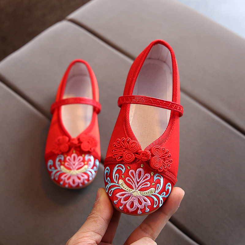Pantofi Hanfu brodați pentru copii, pentru fete, model desen animat, partea superioară din mătase, talpă din tendon de vită, bandă elastică, vârste 1–16