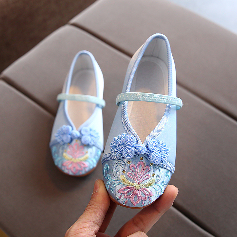 Pantofi Hanfu brodați pentru copii, pentru fete, model desen animat, partea superioară din mătase, talpă din tendon de vită, bandă elastică, vârste 1–16