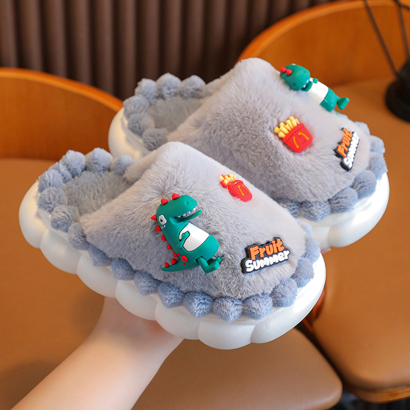 Детски пантофи динозавър от плюш, антихлъзгаща подметка от гума, вътрешни зимни пантофи, за деца 4-6 години