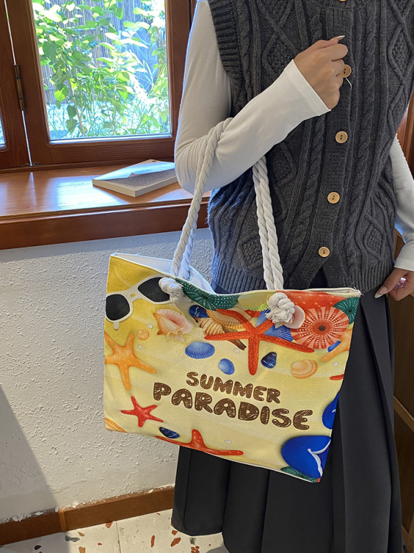 Ženska tote torba za plažu, pamuk i len, horizontalni kvadratni oblik, zatvarač, podstava od poliester-pamuk, dvostruki remeni, za slobodno vrijeme putovanja
