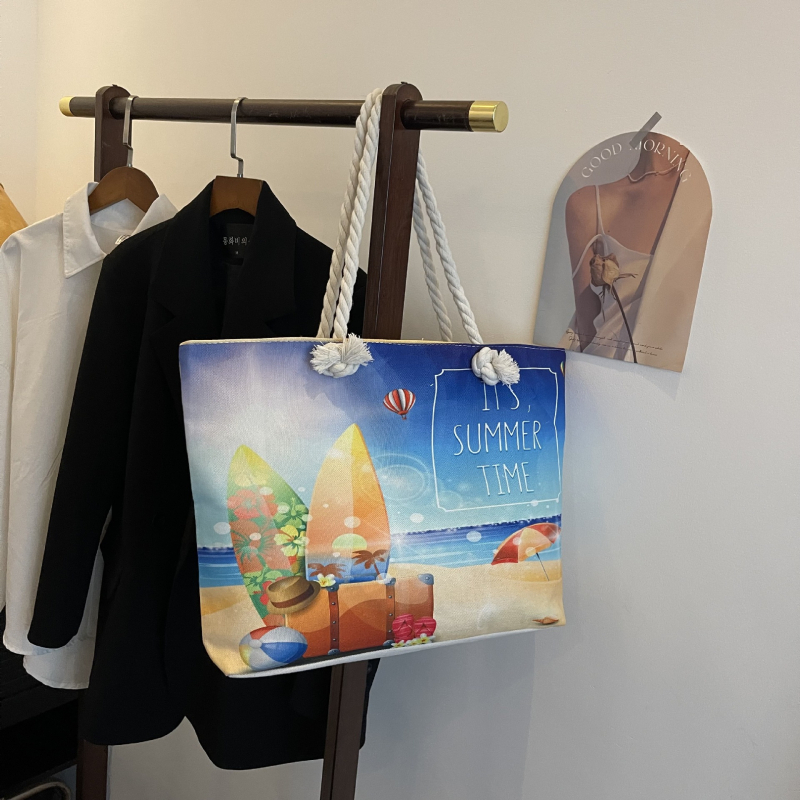 Ženska tote torba za plažu, pamuk i len, horizontalni kvadratni oblik, zatvarač, podstava od poliester-pamuk, dvostruki remeni, za slobodno vrijeme putovanja