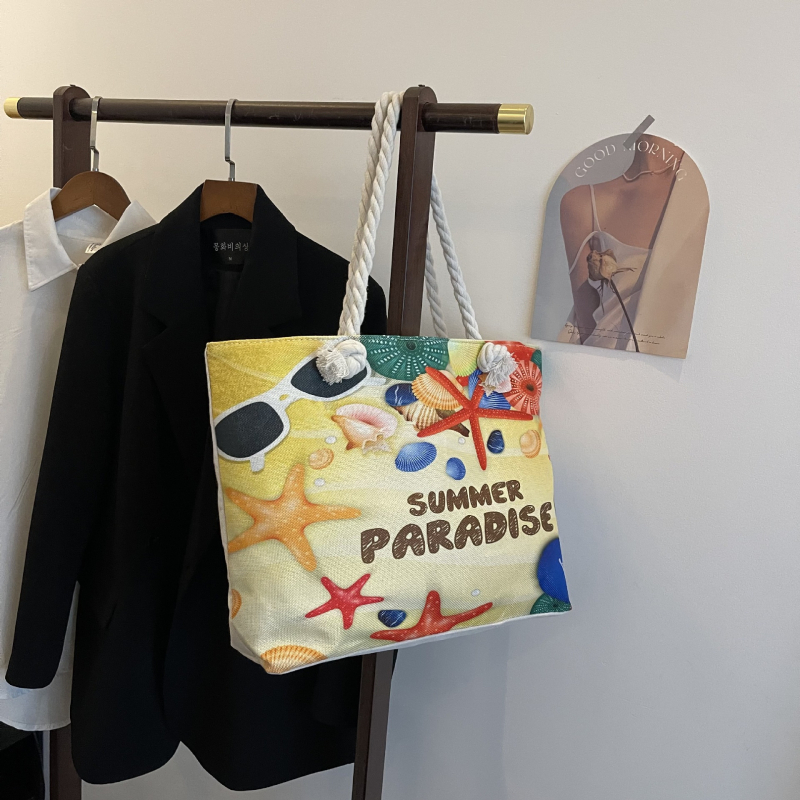 Ženska tote torba za plažu, pamuk i len, horizontalni kvadratni oblik, zatvarač, podstava od poliester-pamuk, dvostruki remeni, za slobodno vrijeme putovanja