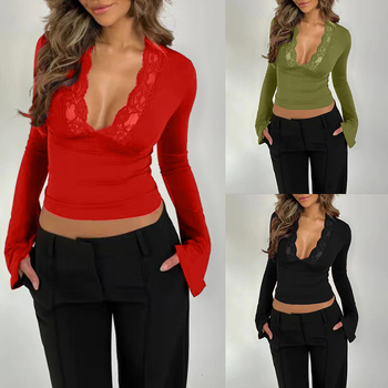 Hosszú ujjú felső csipkepanellel, V-nyak, szűk fazon, utcai stílus