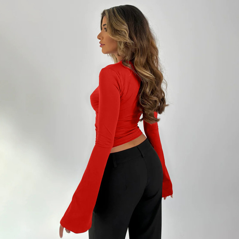 Hosszú ujjú felső csipkepanellel, V-nyak, szűk fazon, utcai stílus