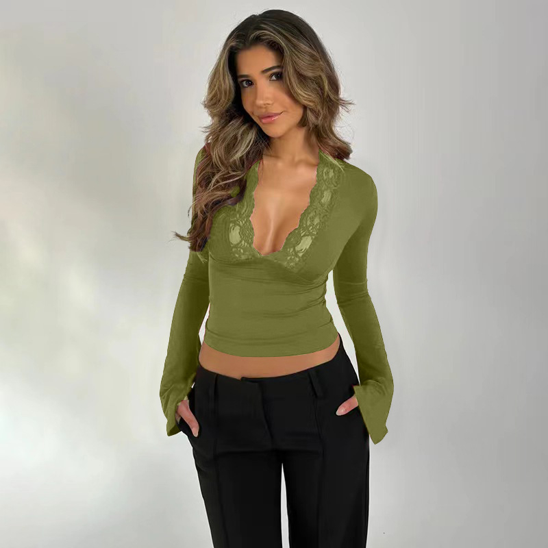 Hosszú ujjú felső csipkepanellel, V-nyak, szűk fazon, utcai stílus