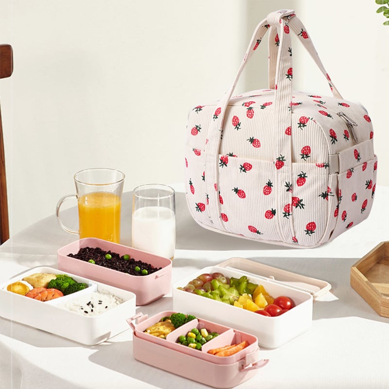 Izolacijska torba za ručak, veliki kubični oblik, Corduroy Strawberry uzorak, poliester, za putovanja