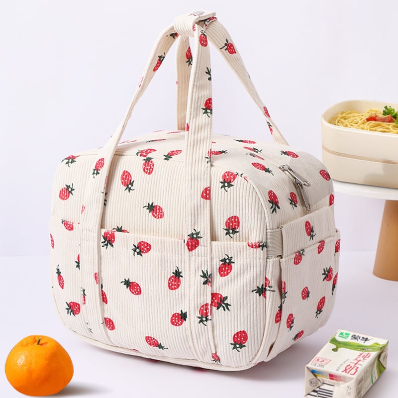 Izolacijska torba za ručak, veliki kubični oblik, Corduroy Strawberry uzorak, poliester, za putovanja