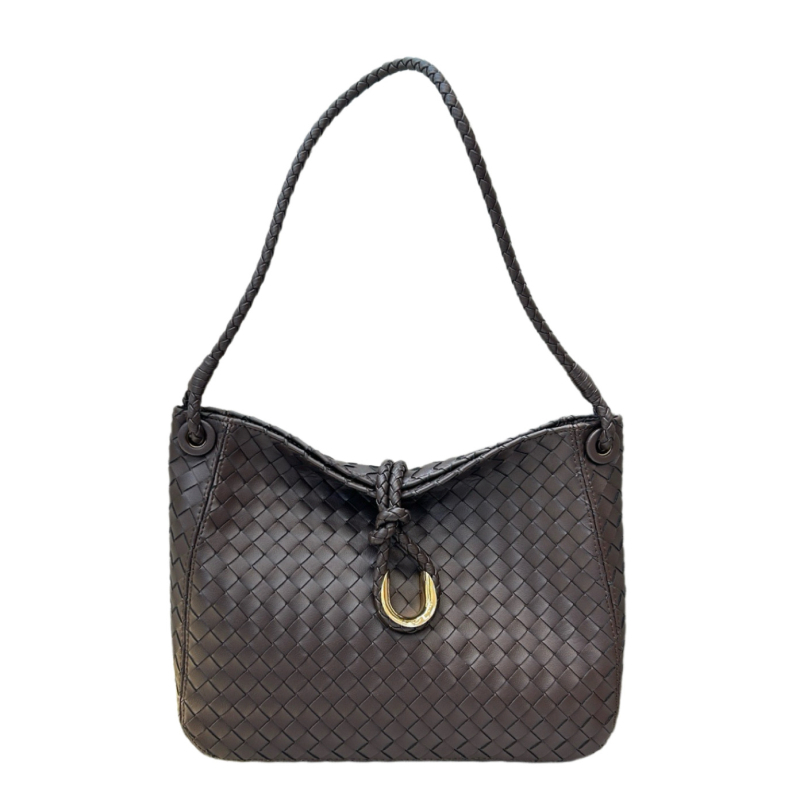 Geantă bucket din piele de bovină, textură împletită cu noduri, stil crossbody, închidere magnetică, buzunar secret cu fermoar și buzunar pentru telefon, căptușeală din poliester