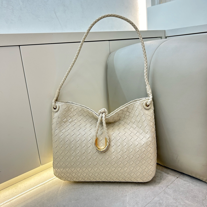 Geantă bucket din piele de bovină, textură împletită cu noduri, stil crossbody, închidere magnetică, buzunar secret cu fermoar și buzunar pentru telefon, căptușeală din poliester