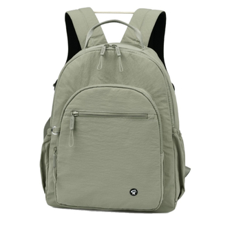 Rucsac feminin din nylon, ușor și versatil; include buzunar laminat cu fermoar, deschidere cu șnur, buzunar exterior deschis, spațiu intern