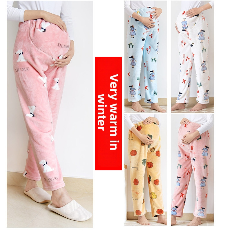 Tehotenské flanelové nohavice na spanie – hrubé, voľného strihu, podpora brucha, flanel 100% polyester