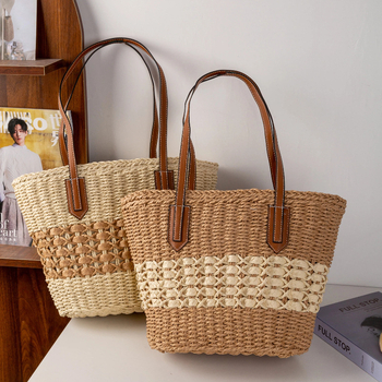 Geantă tote din pai împletită pentru umăr - Material: hârtie, căptușeală poliester, închidere cu fermoar, formă orizontală dreptunghiulară