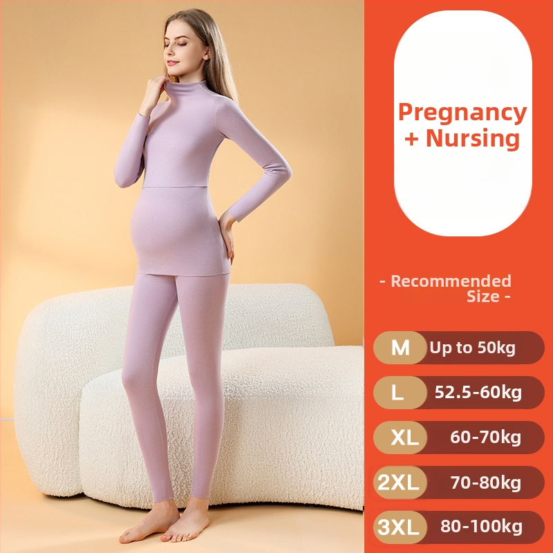 Θερμικό σετ πιτζάμας εγκυμοσύνης, με βελούδινο εσωτερικό, χωρίς ραφές για θηλασμό, μακριά μανίκια, παχύ πολυεστέρα, φθινόπωρο–χειμώνας