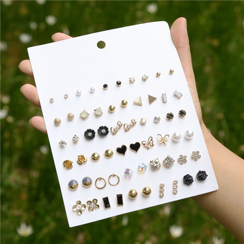 Γεωμετρικά σκουλαρίκια από κράμα με φινίρισμα μικροπαβέ, 925 ασημένες βελόνες — Behrooci