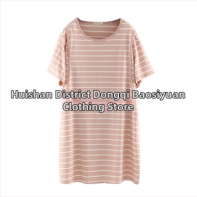 Rochie de maternitate pentru alăptat, din bumbac dungat, guler rotund, mâneci 3/4, croială A-line, lungime midi, croială lejeră