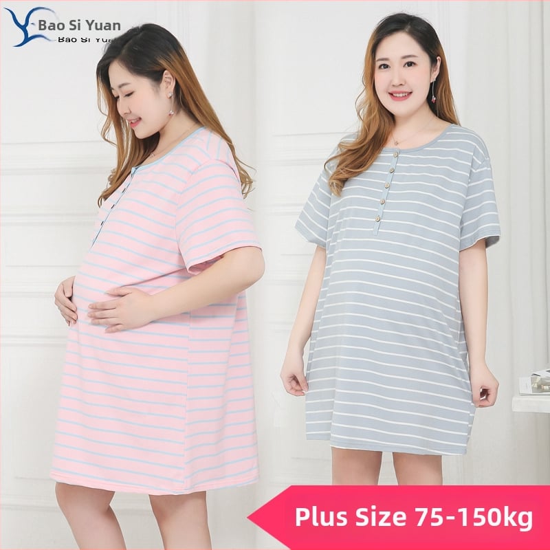 Rochie de maternitate pentru alăptat, din bumbac dungat, guler rotund, mâneci 3/4, croială A-line, lungime midi, croială lejeră