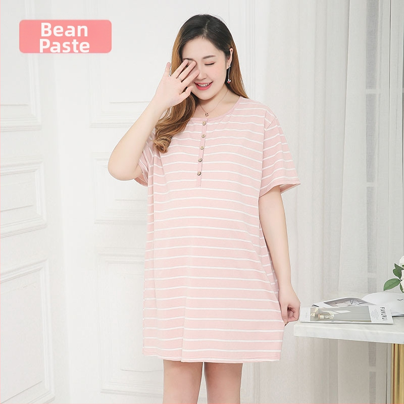 Rochie de maternitate pentru alăptat, din bumbac dungat, guler rotund, mâneci 3/4, croială A-line, lungime midi, croială lejeră