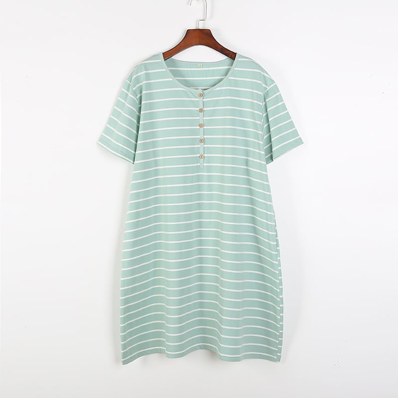 Rochie de maternitate pentru alăptat, din bumbac dungat, guler rotund, mâneci 3/4, croială A-line, lungime midi, croială lejeră