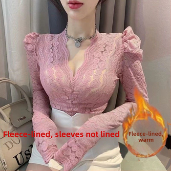 Čipkový top s V výstrihom a balónovými rukávmi, zmes polyesteru, nepravidelný strih, pre ženy, zimné 2021