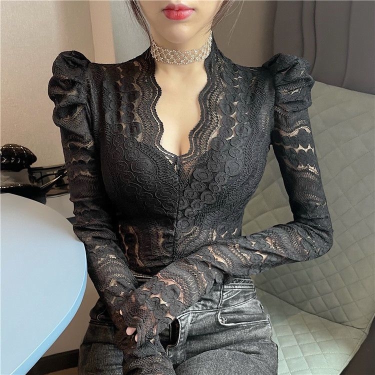 Čipkový top s V výstrihom a balónovými rukávmi, zmes polyesteru, nepravidelný strih, pre ženy, zimné 2021