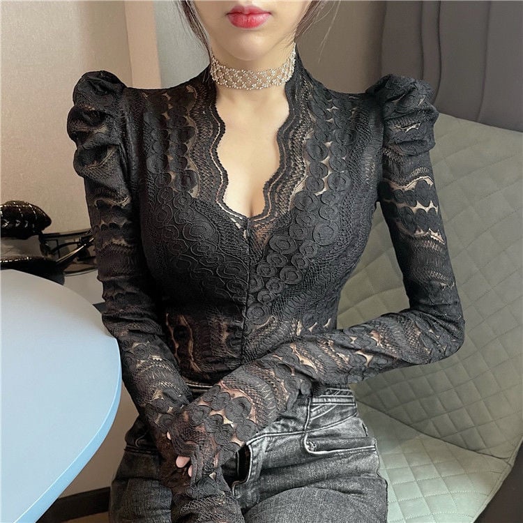 Čipkový top s V výstrihom a balónovými rukávmi, zmes polyesteru, nepravidelný strih, pre ženy, zimné 2021