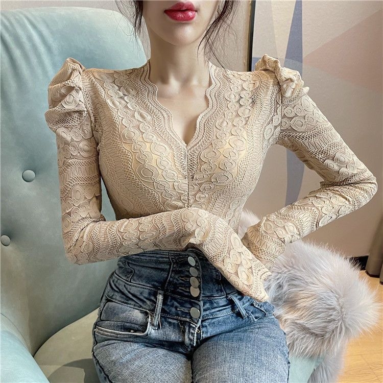 Čipkový top s V výstrihom a balónovými rukávmi, zmes polyesteru, nepravidelný strih, pre ženy, zimné 2021