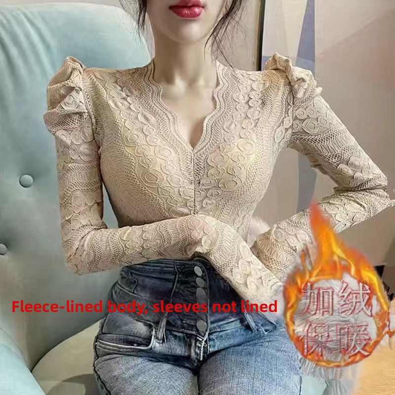 Čipkový top s V výstrihom a balónovými rukávmi, zmes polyesteru, nepravidelný strih, pre ženy, zimné 2021