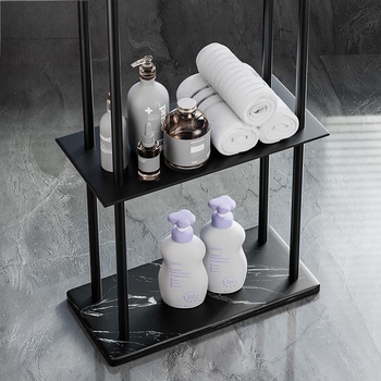 Fürdőszobai törölközőtartó padon álló, 4 rétegű, alumniumötvözet, márvány polccal, fúrás nélküli telepítés