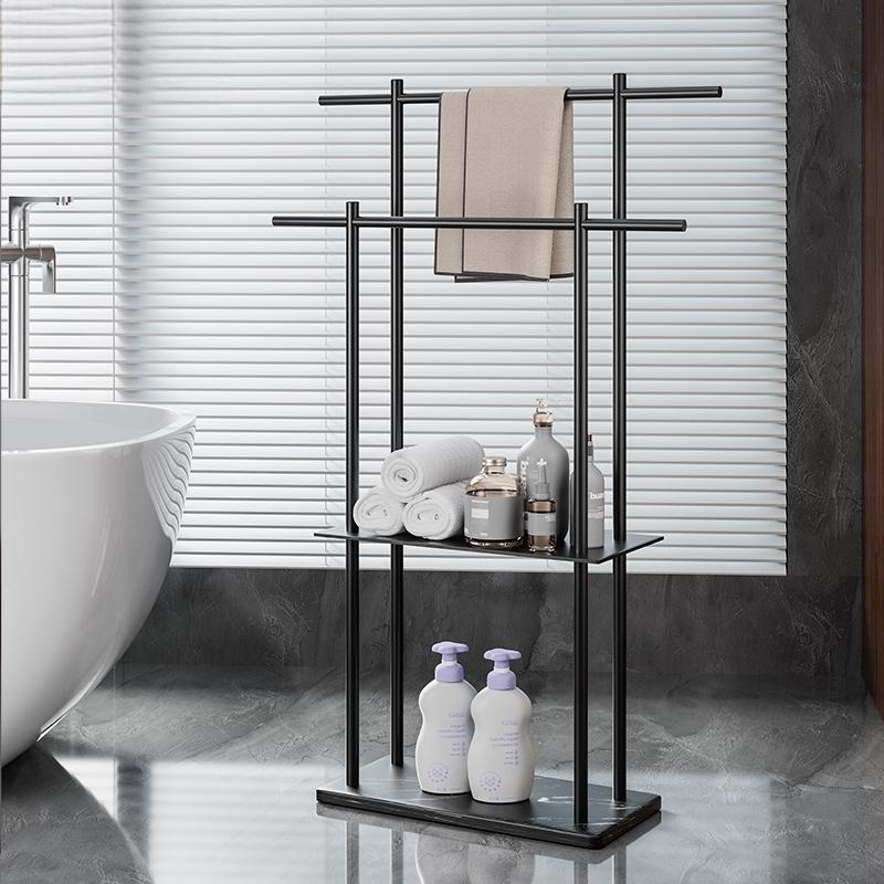 Fürdőszobai törölközőtartó padon álló, 4 rétegű, alumniumötvözet, márvány polccal, fúrás nélküli telepítés