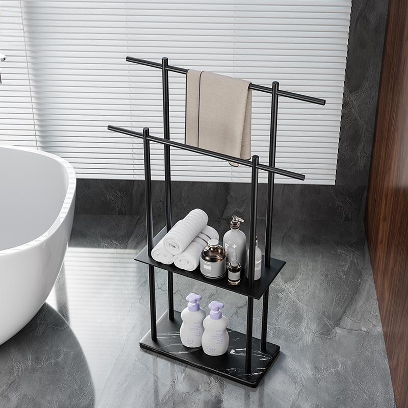 Fürdőszobai törölközőtartó padon álló, 4 rétegű, alumniumötvözet, márvány polccal, fúrás nélküli telepítés