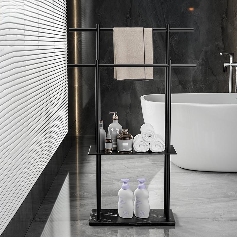 Fürdőszobai törölközőtartó padon álló, 4 rétegű, alumniumötvözet, márvány polccal, fúrás nélküli telepítés