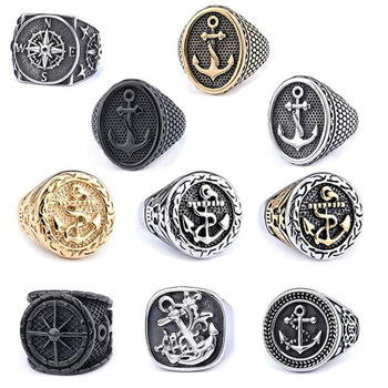 Rozsdamentes acélból készült gyűrű horgony-pirata motívummal, polírozott felület, uniszex (Típus: Gyűrű; Anyag: Rozsdamentes acél; Stílus: Uniszex, karakter; Felület: Polírozott)