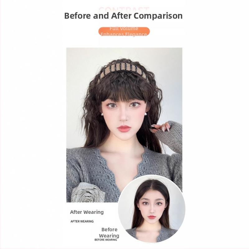 Перука с лента за глава и чёлка, едно цяло изделие; широка лента с кристали; термоустойчива нишка; чёлка — права или наклонена; може да се боядисва и къдри