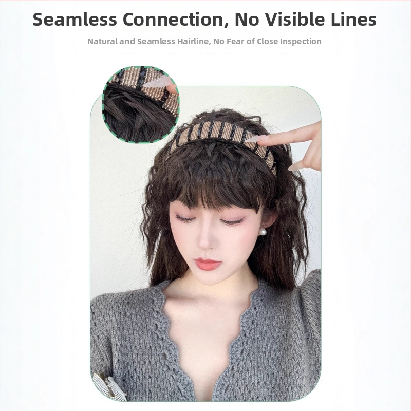 Перука с лента за глава и чёлка, едно цяло изделие; широка лента с кристали; термоустойчива нишка; чёлка — права или наклонена; може да се боядисва и къдри