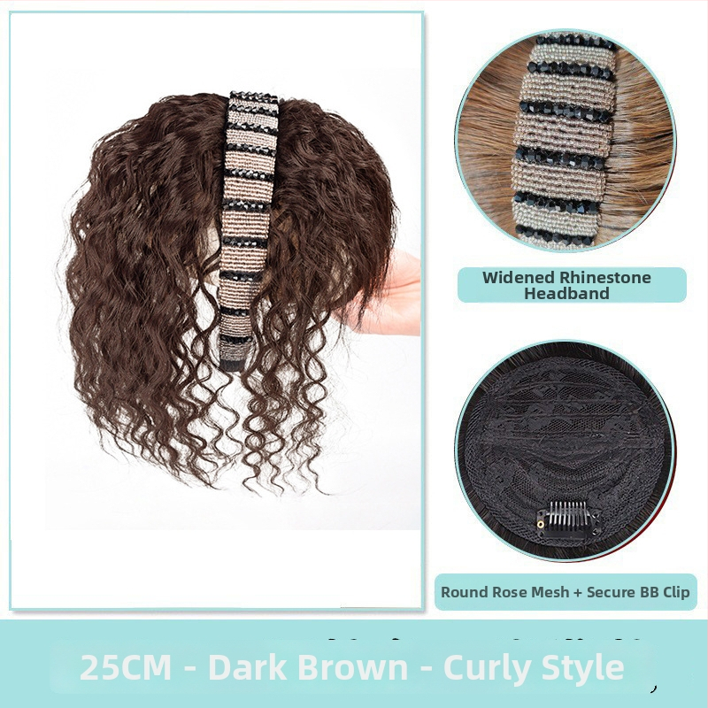 Fejkendővel és frufruval ellátott paróka, egy darabos kialakítás; széles gyémántos kristályos fejkendő; hőálló huzalból készült haj; a frufru egyenes vagy ferde; festhető és göndöríthető