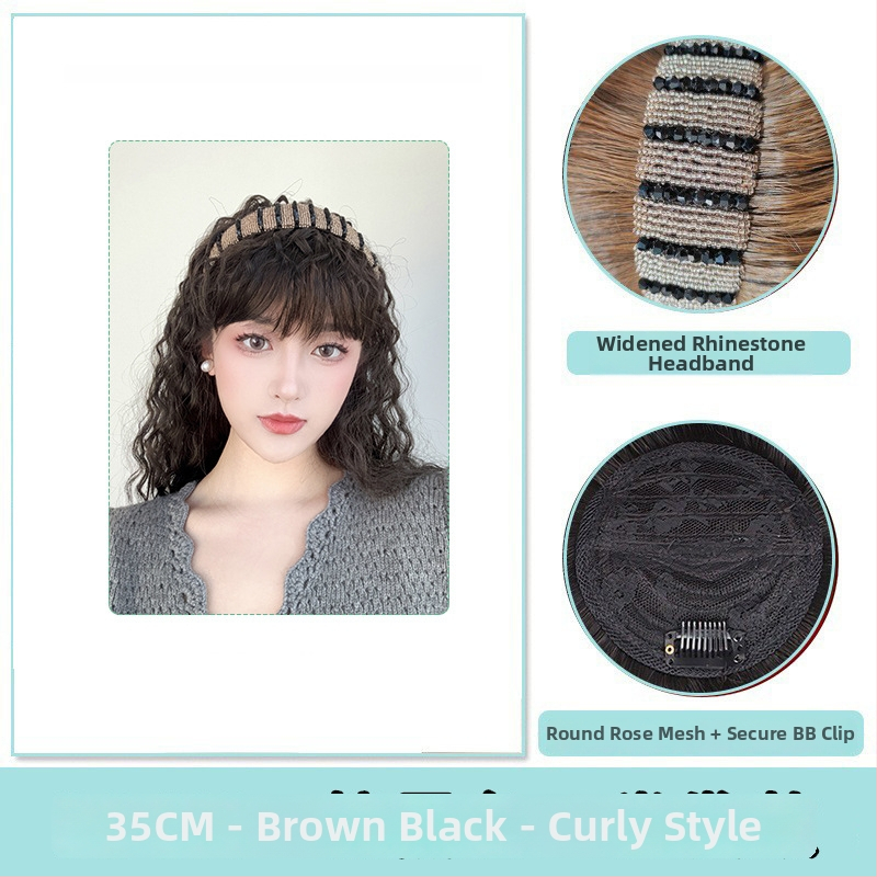 Fejkendővel és frufruval ellátott paróka, egy darabos kialakítás; széles gyémántos kristályos fejkendő; hőálló huzalból készült haj; a frufru egyenes vagy ferde; festhető és göndöríthető