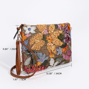 Geantă de umăr din pai, formă orizontală pătrată, închidere cu fermoar, căptușeală poliester