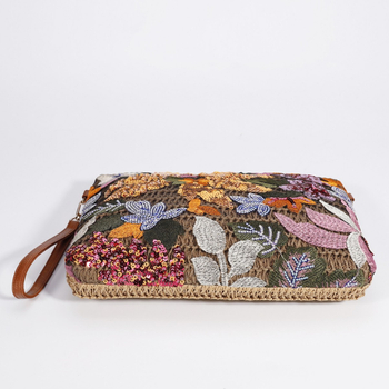 Geantă de umăr din pai, formă orizontală pătrată, închidere cu fermoar, căptușeală poliester