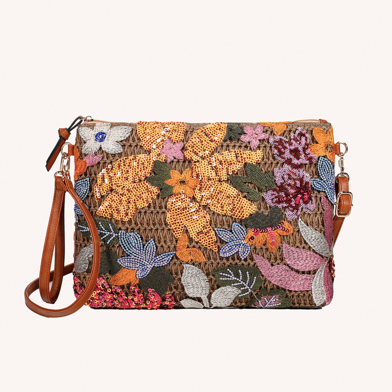 Geantă de umăr din pai, formă orizontală pătrată, închidere cu fermoar, căptușeală poliester